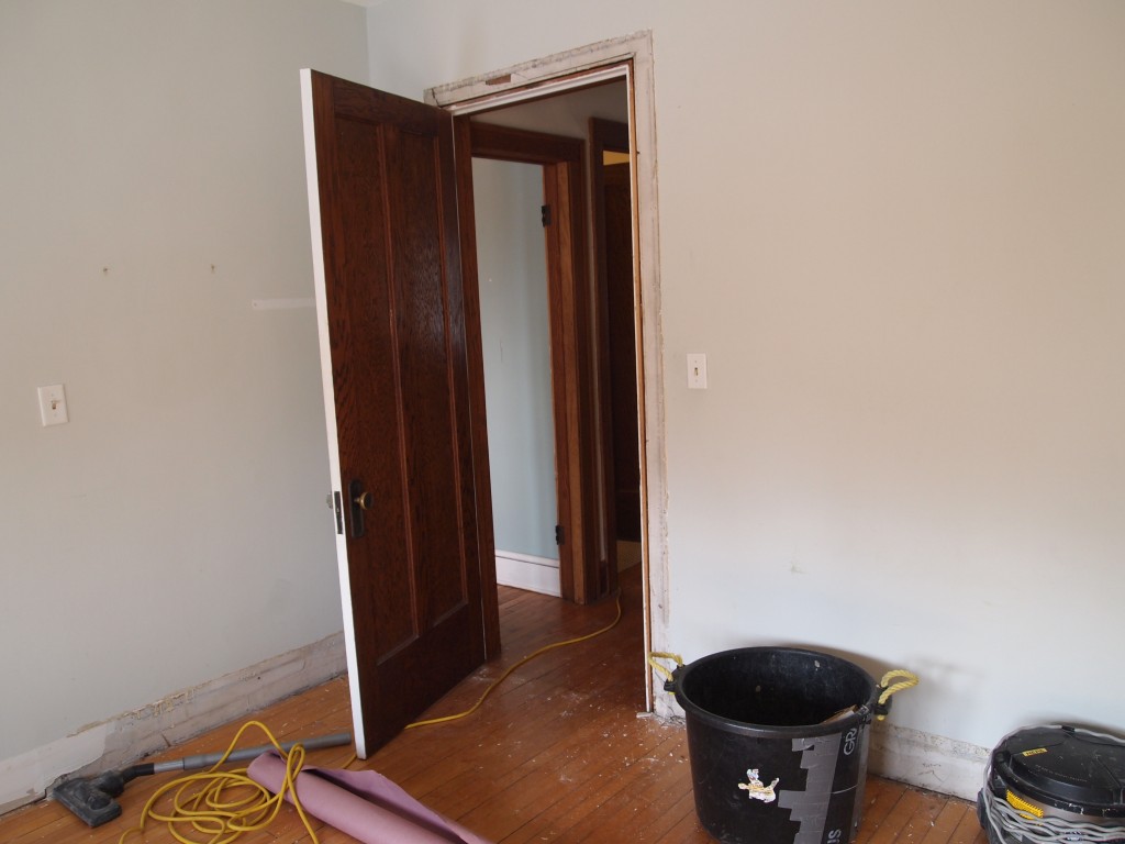 Baseboards, door and window trim removed