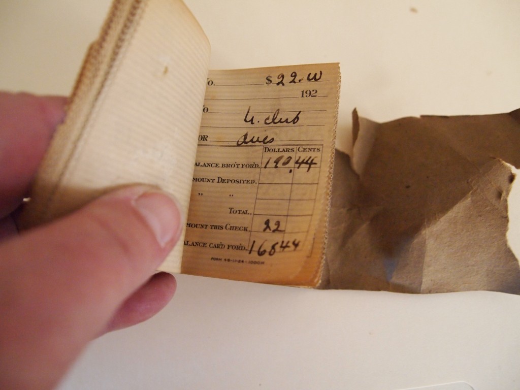 Hull's checkbook found in the ceiling of the new kitchen. He evidently belonged to the University Club. Once exclusively for UW faculty, the University Club in now open to the public.